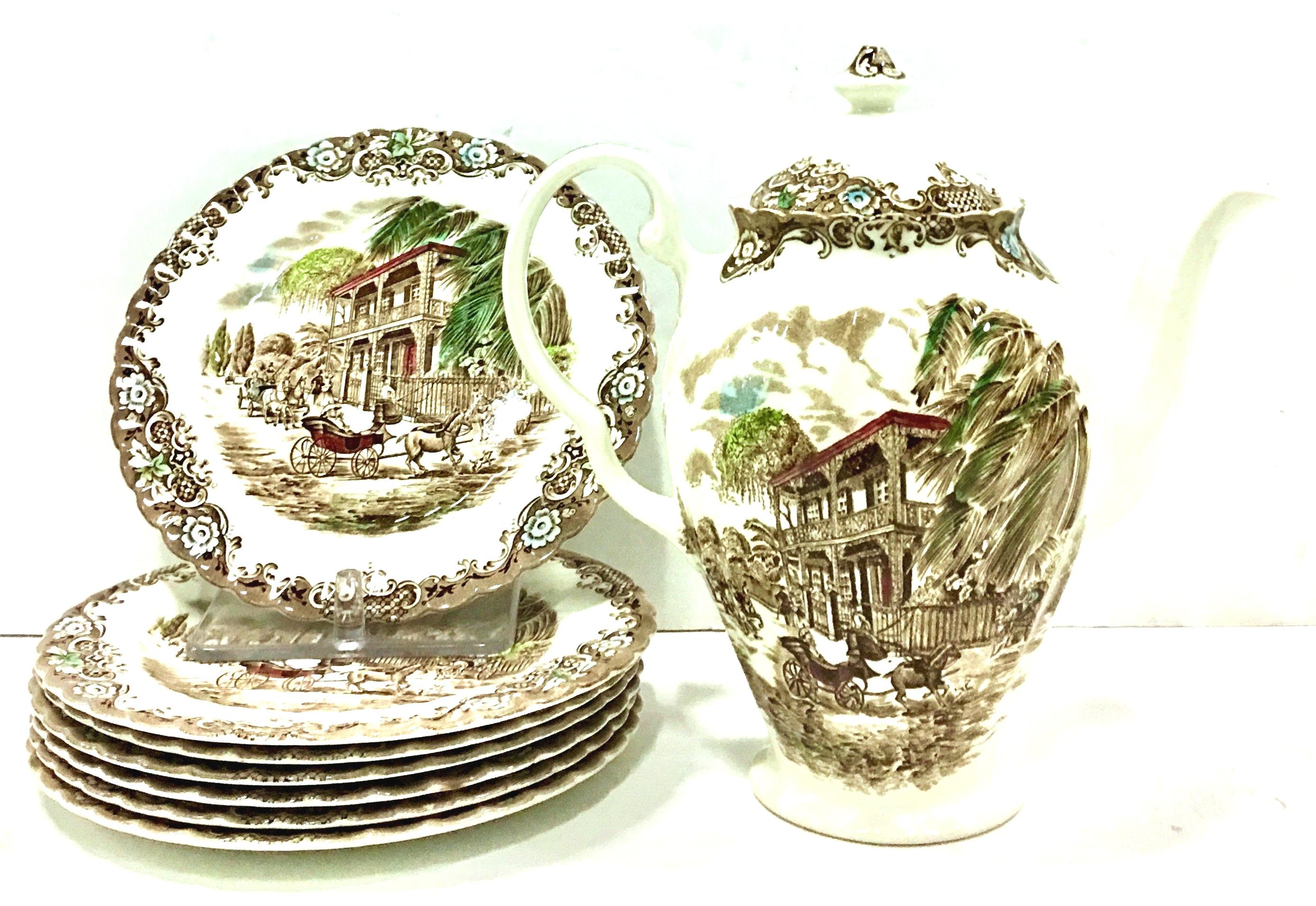 Mid-20th Century Staffordshire England Ironstone Transferware partial coffee-dessert set of nine pieces in the 