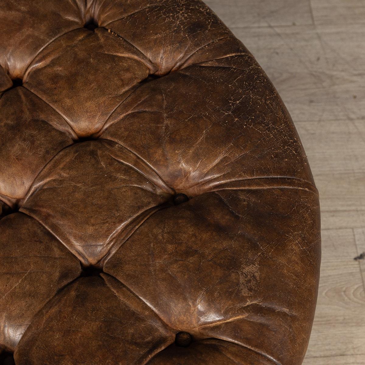 20th Century English Large Round Brown Leather Button-Back Footstool 6