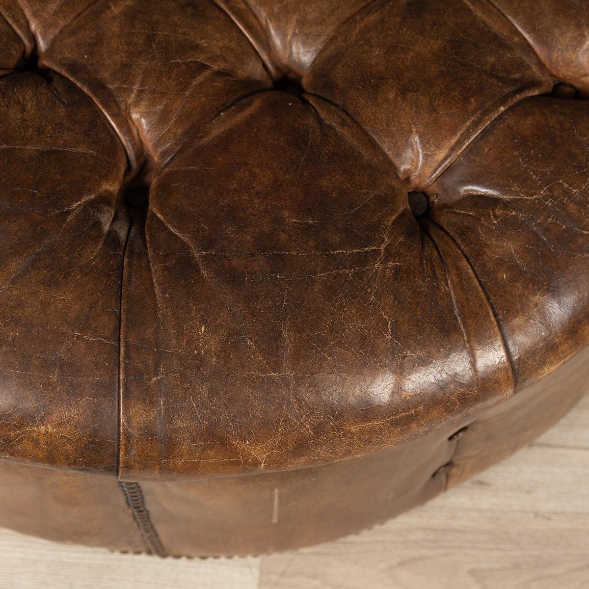 20th Century English Large Round Brown Leather Button-Back Footstool 8