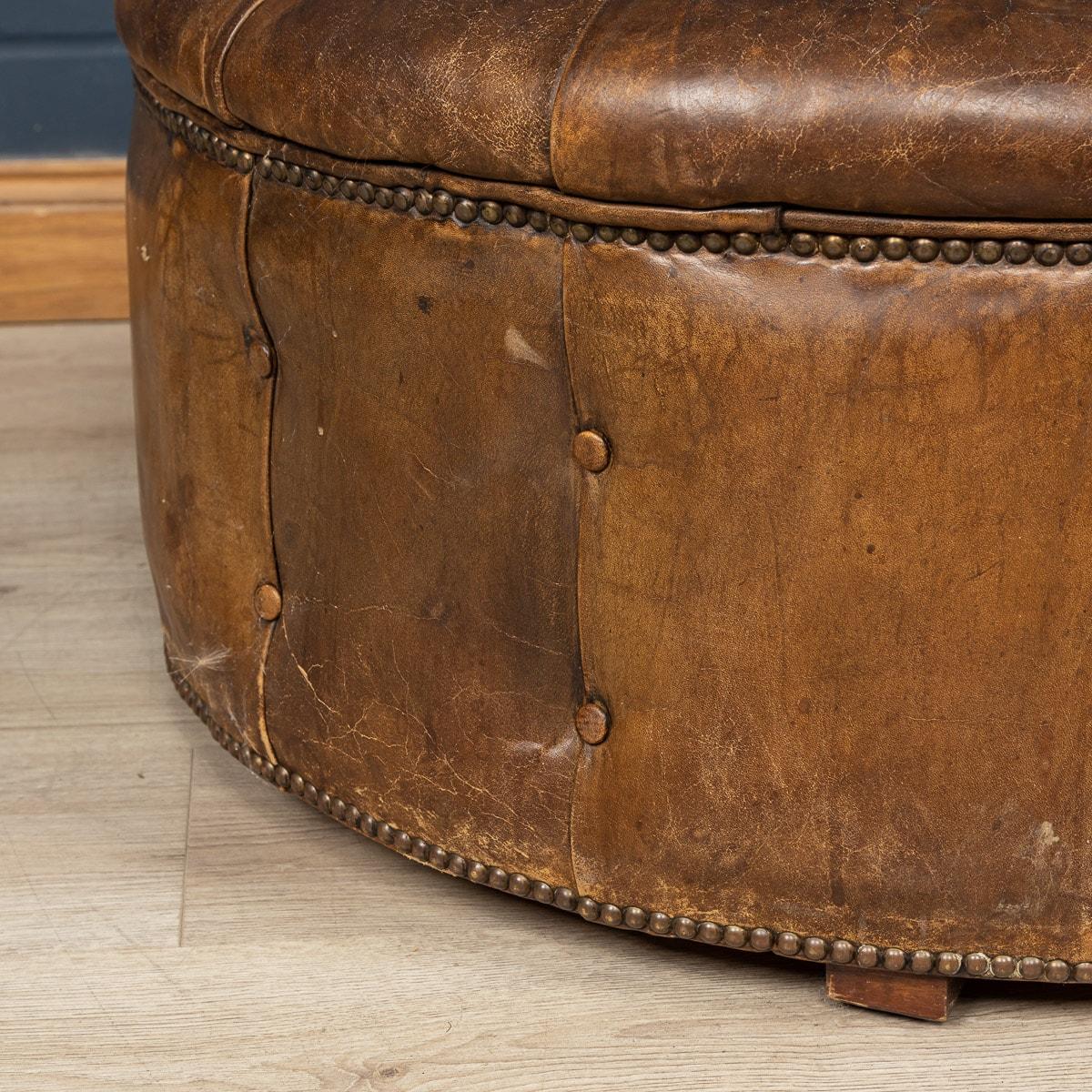 20th Century English Large Round Brown Leather Button-Back Footstool 9