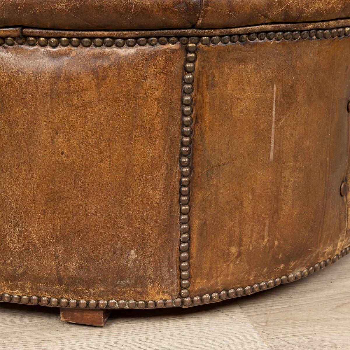 20th Century English Large Round Brown Leather Button-Back Footstool 10