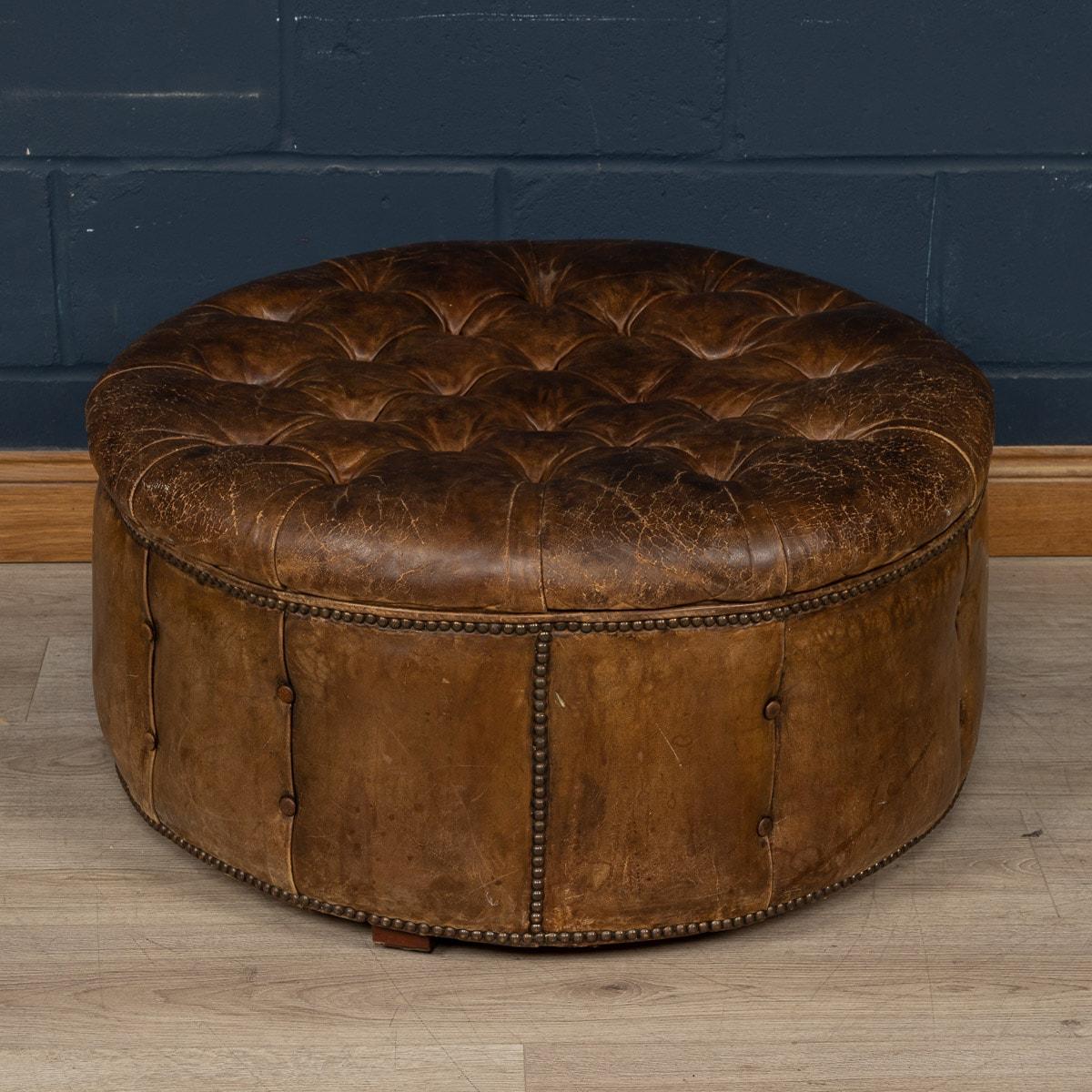 20th Century English Large Round Brown Leather Button-Back Footstool 12