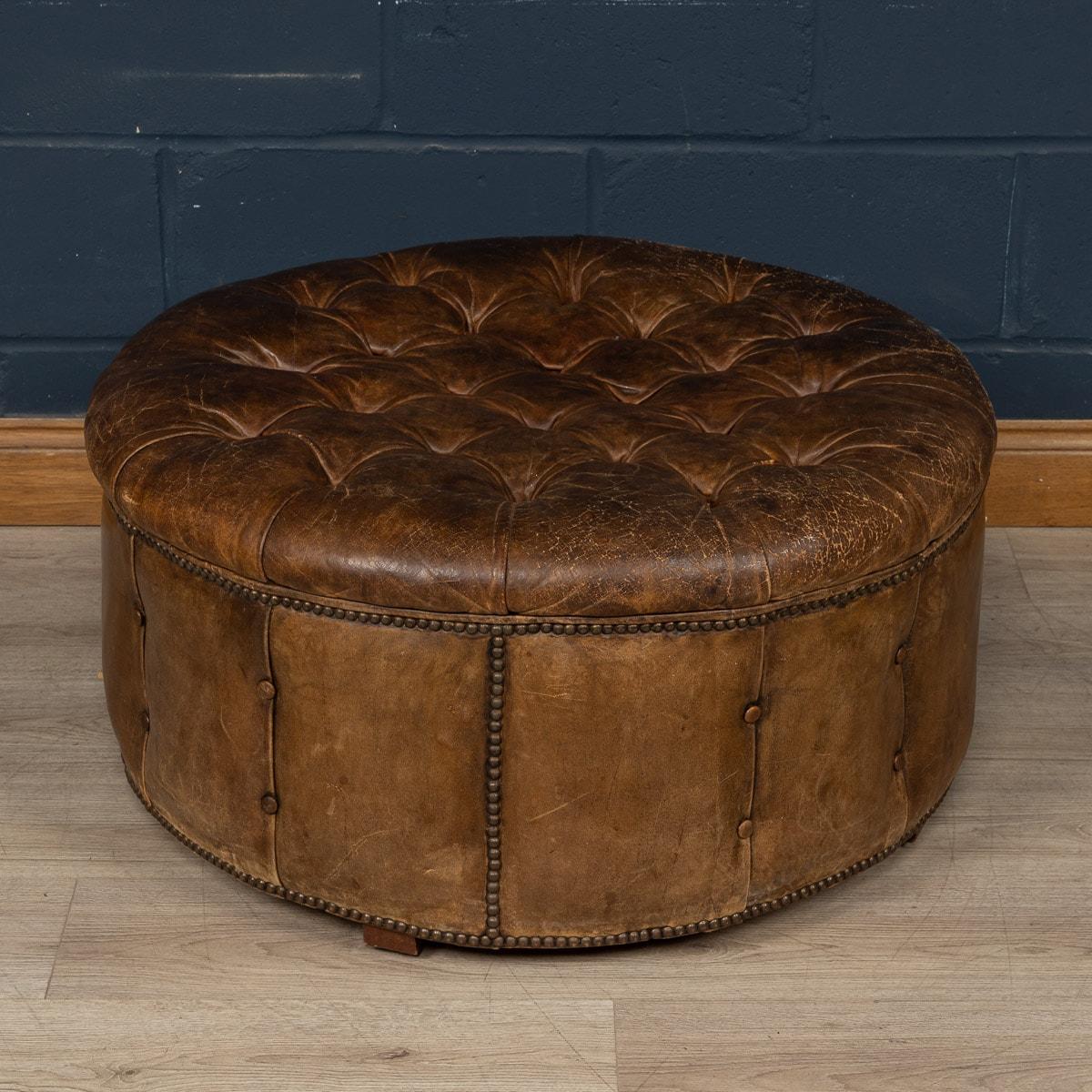 20th Century English Large Round Brown Leather Button-Back Footstool 13