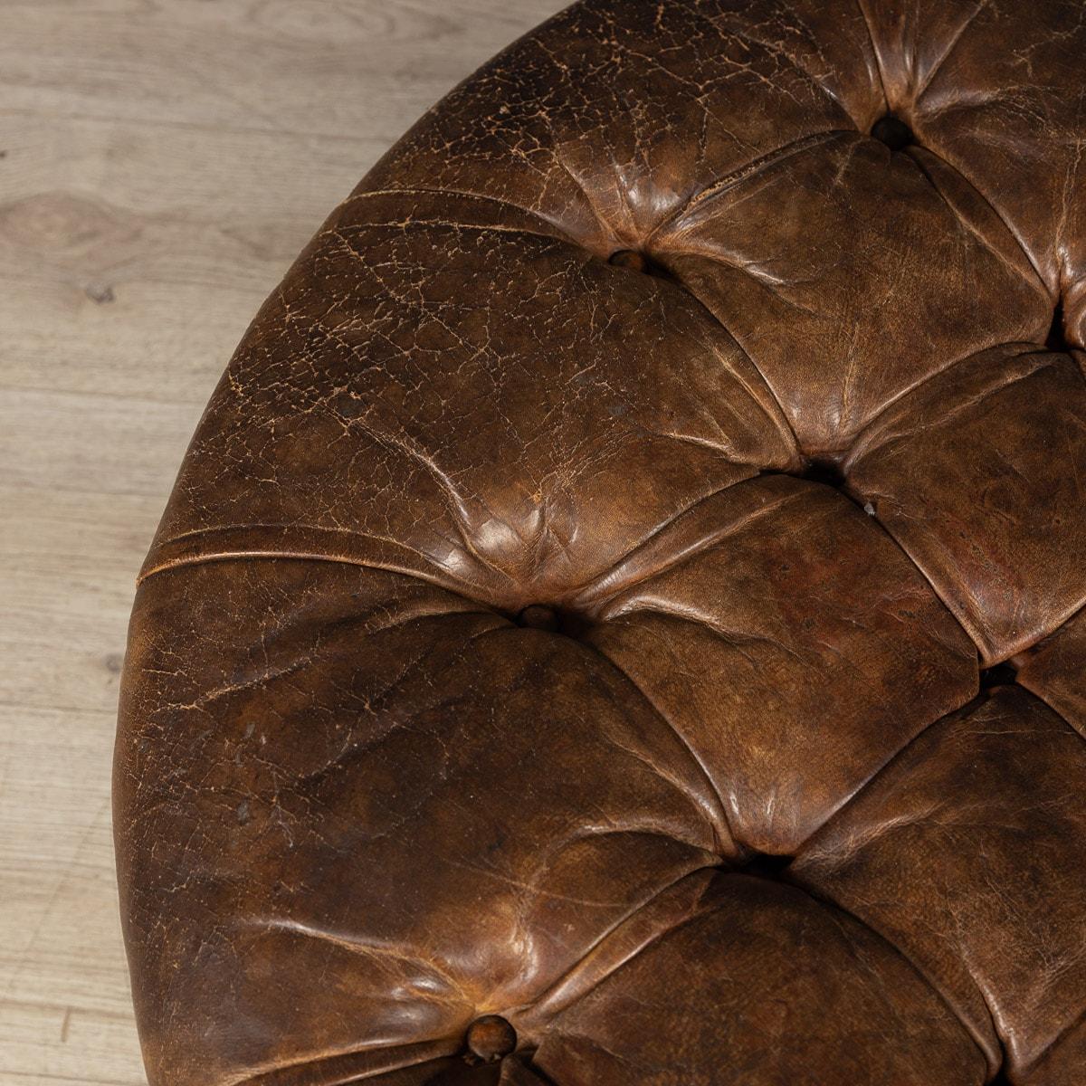 20th Century English Large Round Brown Leather Button-Back Footstool 14