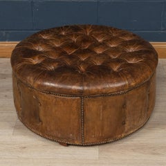 20th Century English Large Round Brown Leather Button-Back Footstool