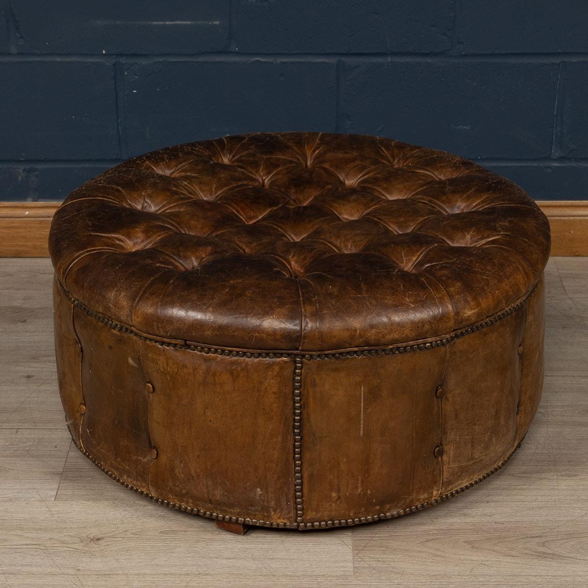 Chesterfield 20th Century English Large Round Brown Leather Button-Back Footstool