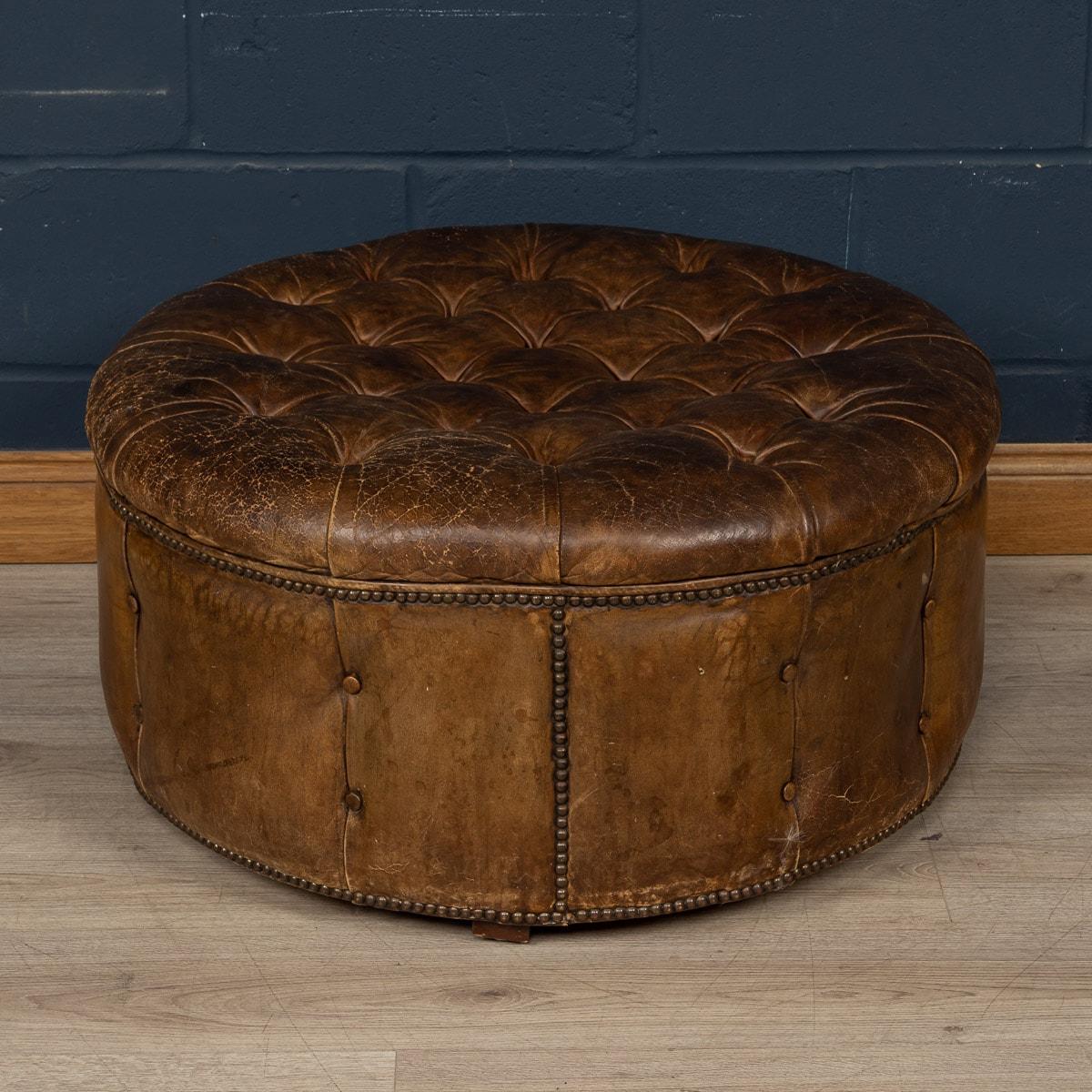 British 20th Century English Large Round Brown Leather Button-Back Footstool