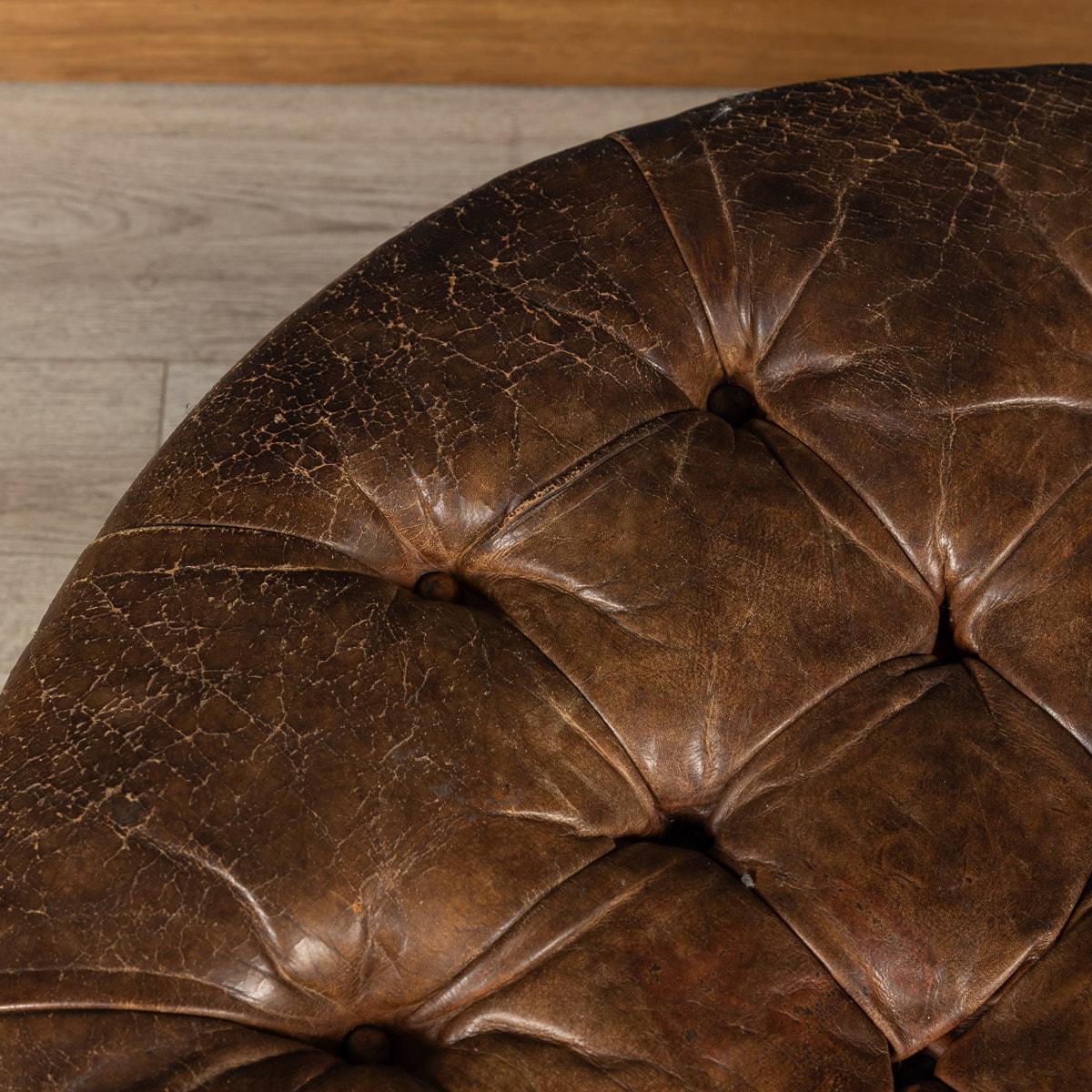 20th Century English Large Round Brown Leather Button-Back Footstool 2
