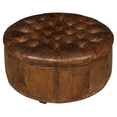 Vintage 20th Century English Large Round Brown Leather Button-Back Footstool