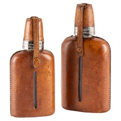 Vintage 20th Century English Leather Bound "His & Hers" Hip Flask Set, c.1910