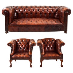 Vintage 20th Century English Leather Chesterfield Suite