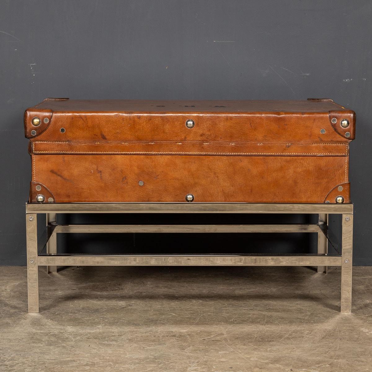 British 20th Century English Leather Trunk On Metal Stand, c.1910 For Sale