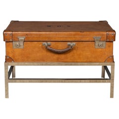 Vintage 20th Century English Leather Trunk On Metal Stand, c.1910