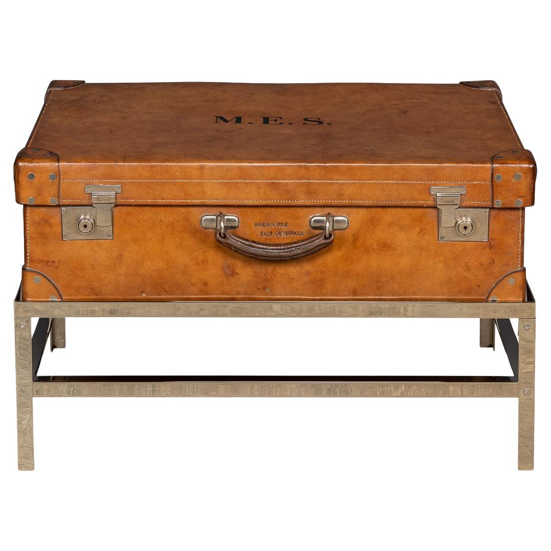 20th Century English Leather Trunk On Metal Stand, c1910 For Sale