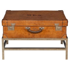 Used 20th Century English Leather Trunk On Metal Stand, c1910