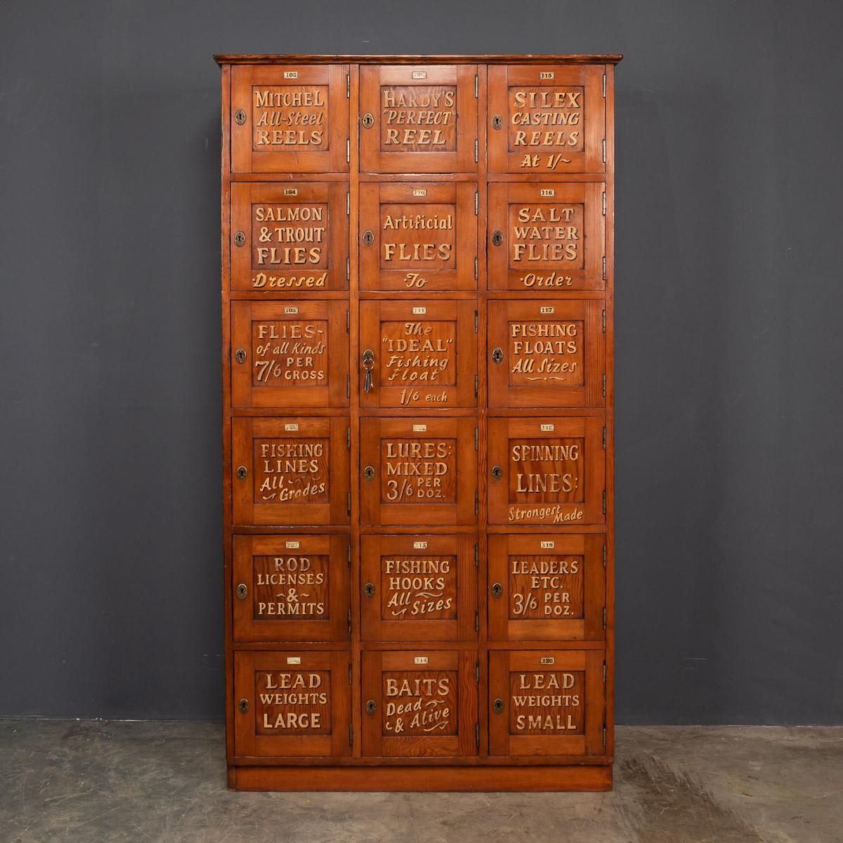 Antique 20th century English pine, multi-doored, large set of lockers, primarily would have been used as an estate cupboard, at a large house or apartments, as the descriptions indicate, it was later used in a Angling club. Beautiful piece of period