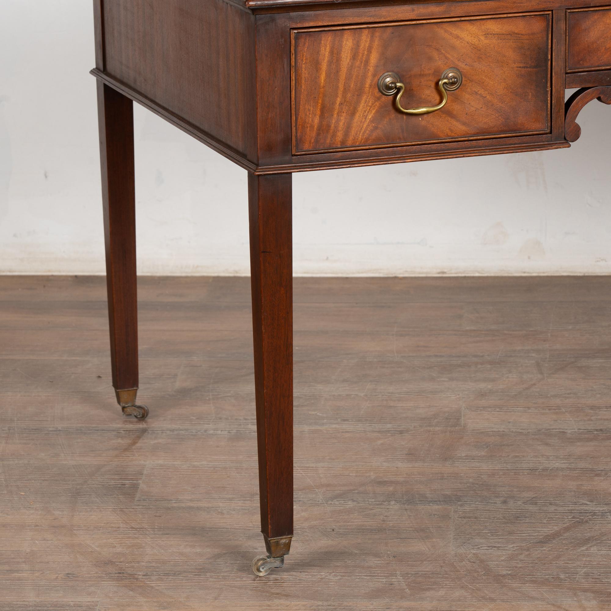 20th Century English Mahogany Writing Desk With Three Drawers Green Leather Top 6