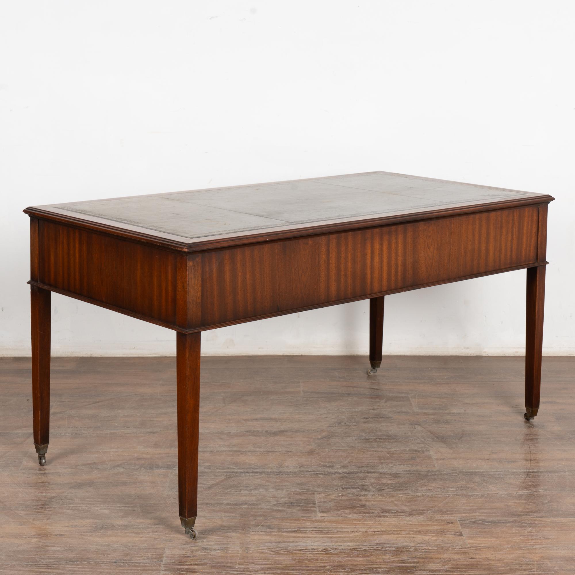 20th Century English Mahogany Writing Desk With Three Drawers Green Leather Top 8