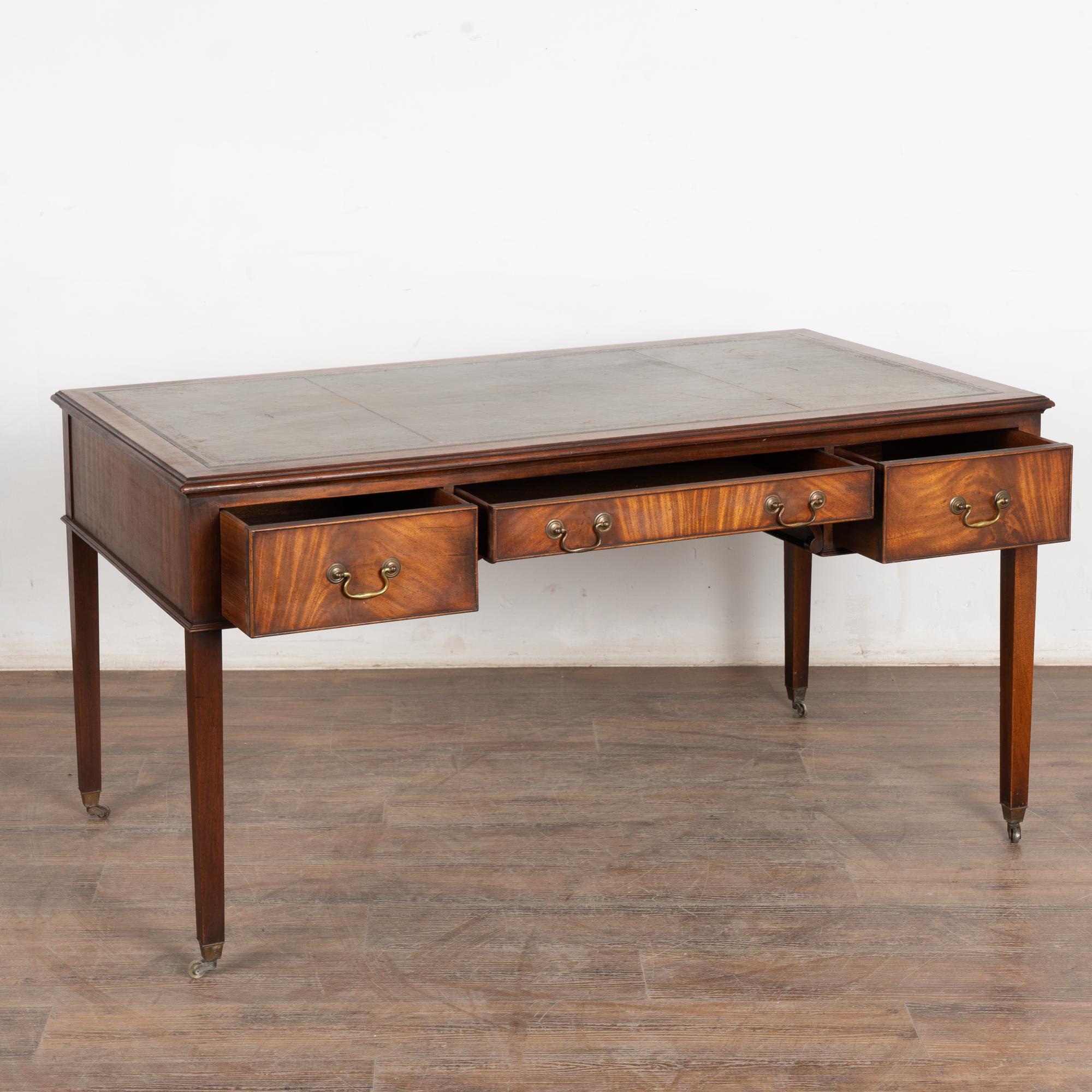 Regency 20th Century English Mahogany Writing Desk With Three Drawers Green Leather Top