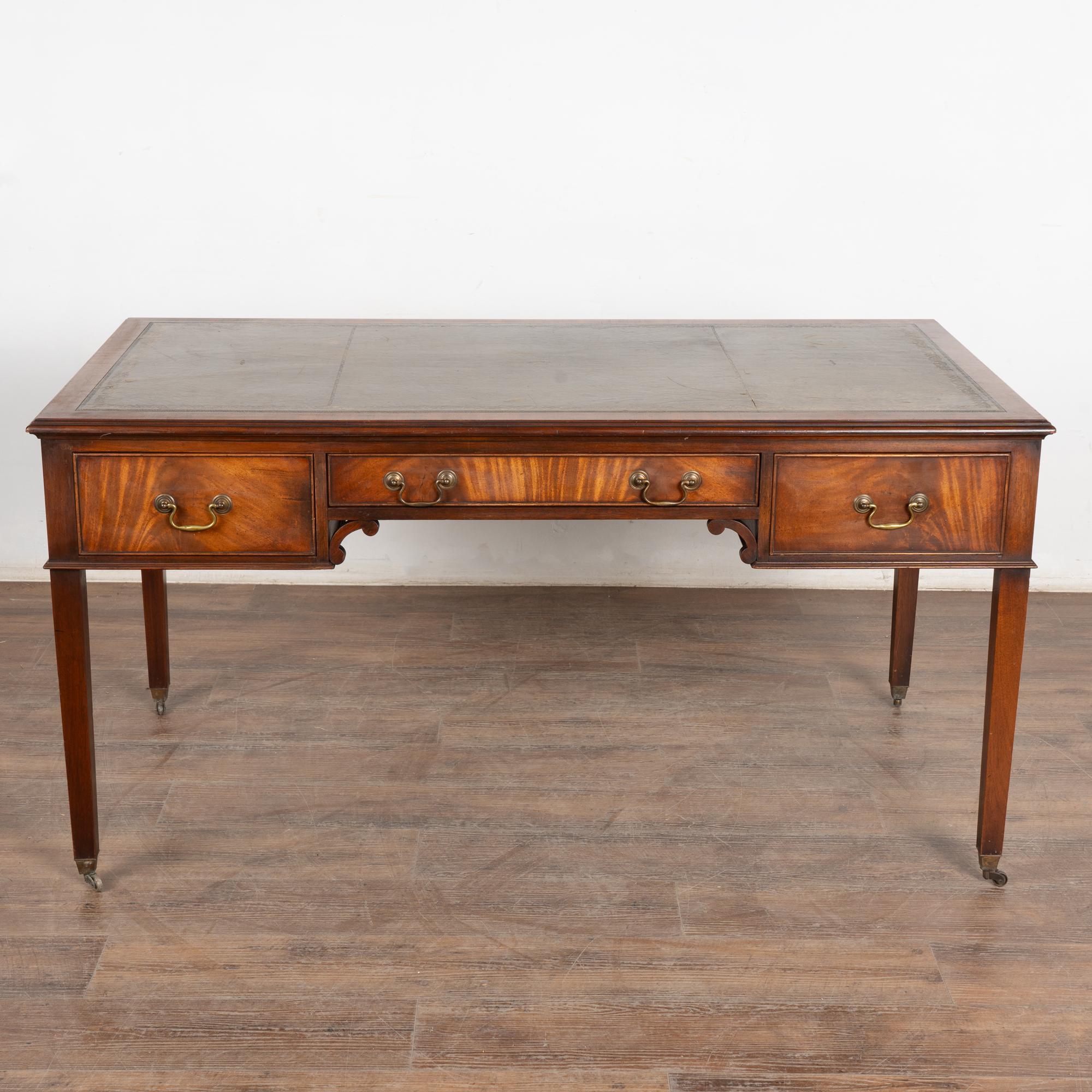 20th Century English Mahogany Writing Desk With Three Drawers Green Leather Top In Fair Condition In Round Top, TX