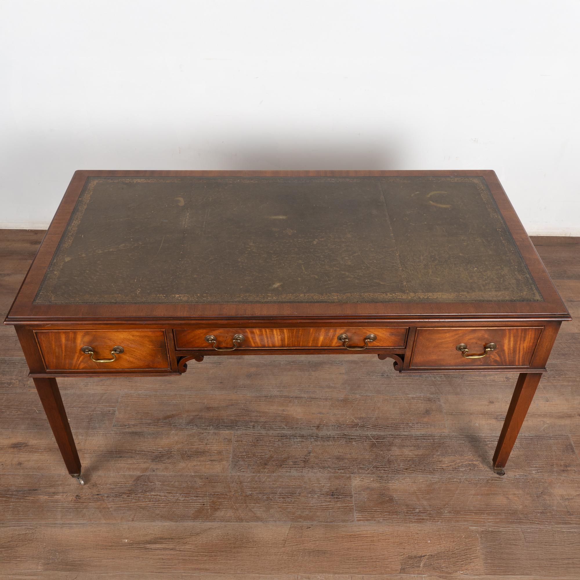 20th Century English Mahogany Writing Desk With Three Drawers Green Leather Top 1