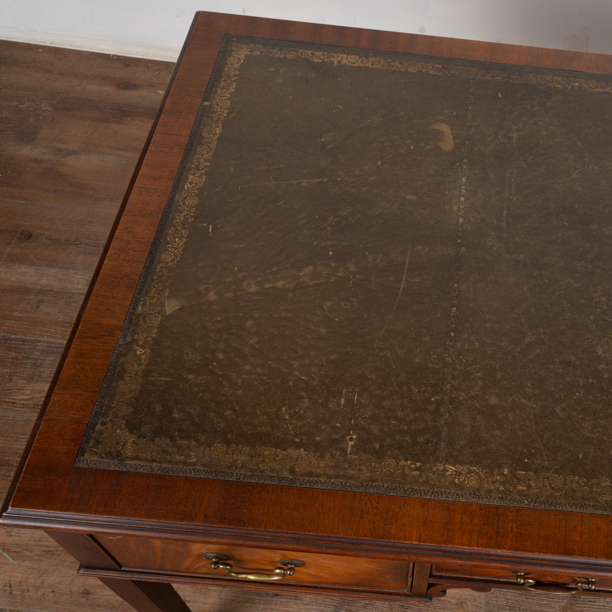 20th Century English Mahogany Writing Desk With Three Drawers Green Leather Top 2