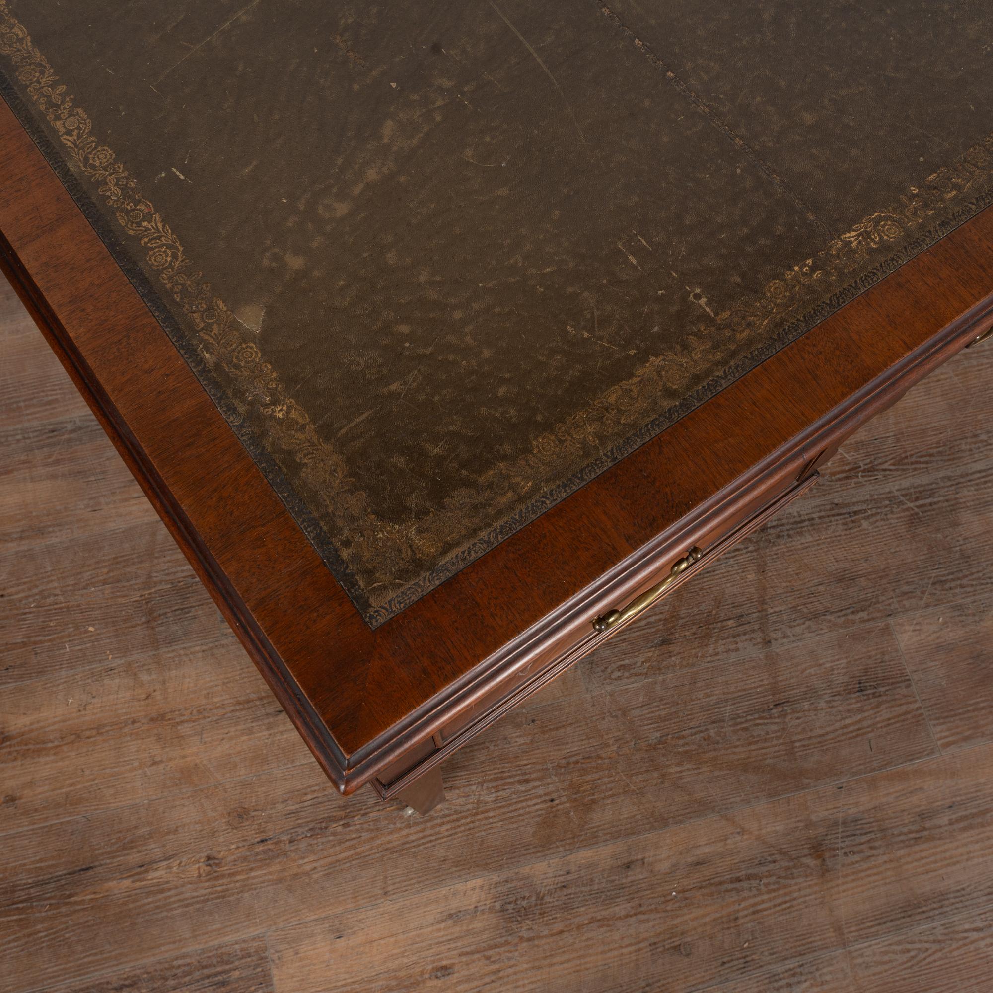 20th Century English Mahogany Writing Desk With Three Drawers Green Leather Top 3