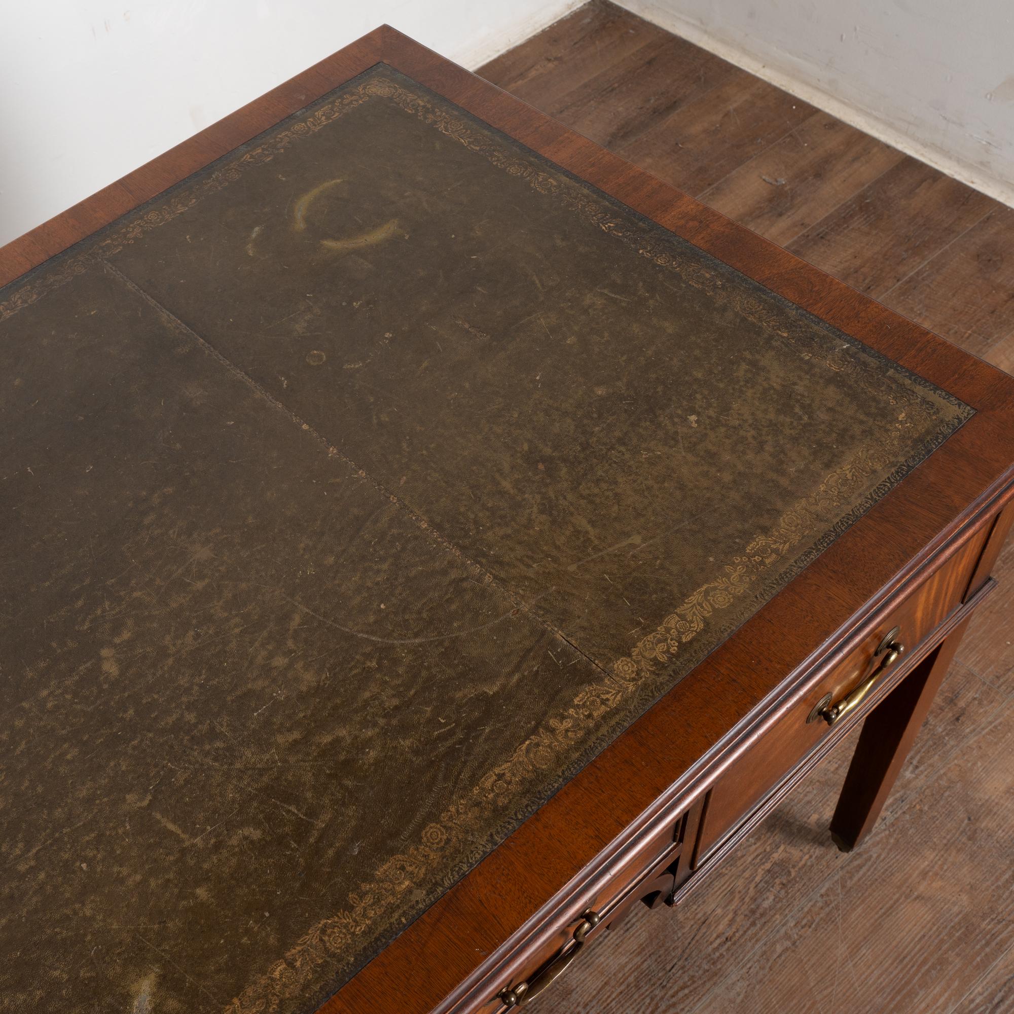 20th Century English Mahogany Writing Desk With Three Drawers Green Leather Top 4