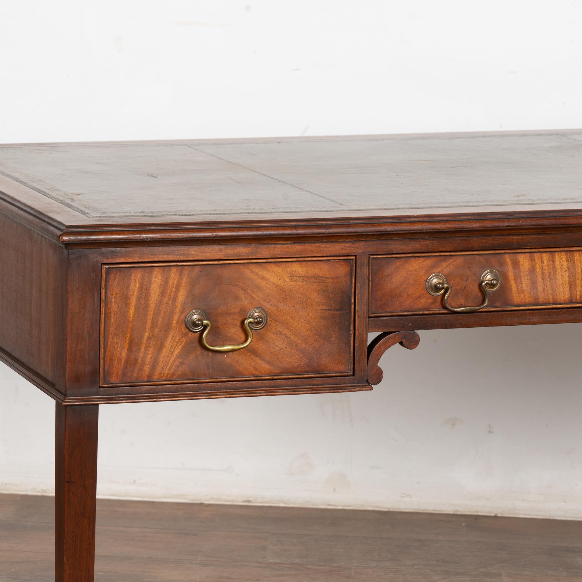 20th Century English Mahogany Writing Desk With Three Drawers Green Leather Top 5