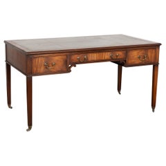 20th Century English Mahogany Writing Desk With Three Drawers Green Leather Top