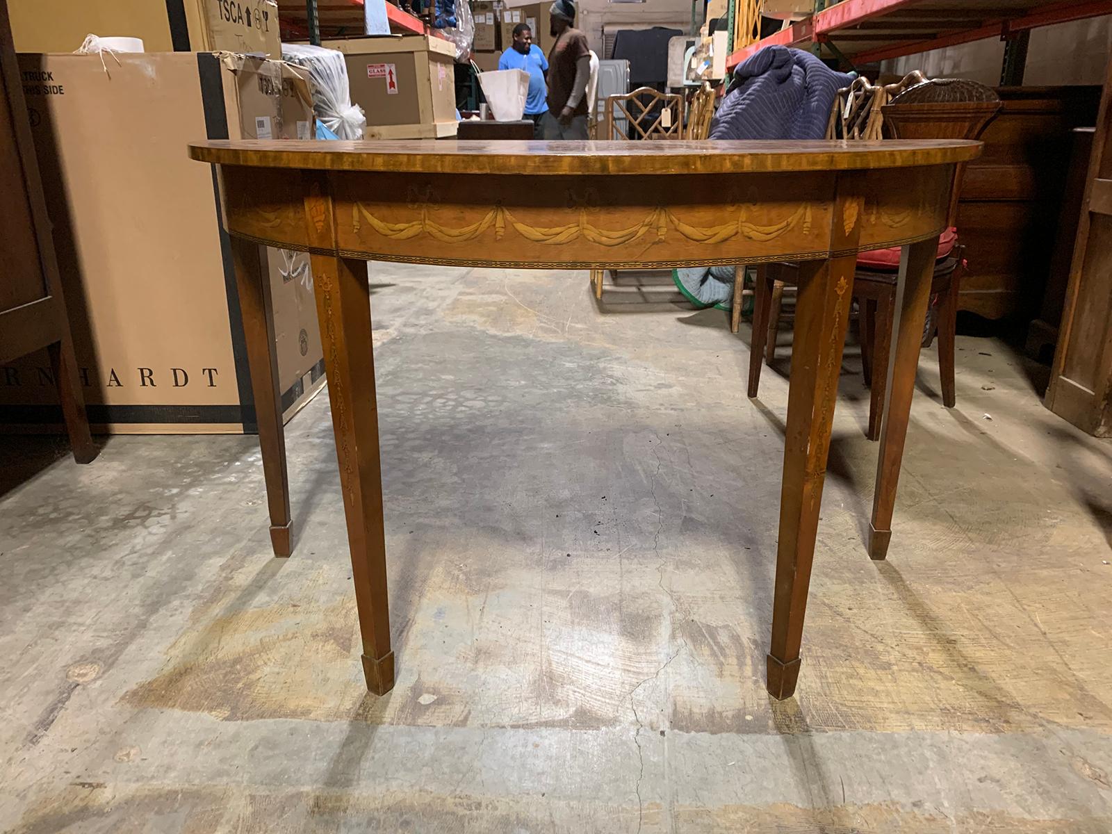 20th century English marquetry demilune console table.