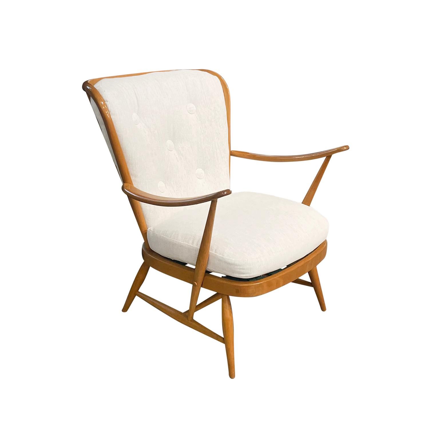 Hand-Carved 20th Century English Modern Beechwood Armchair - Single Vintage Side Chair For Sale