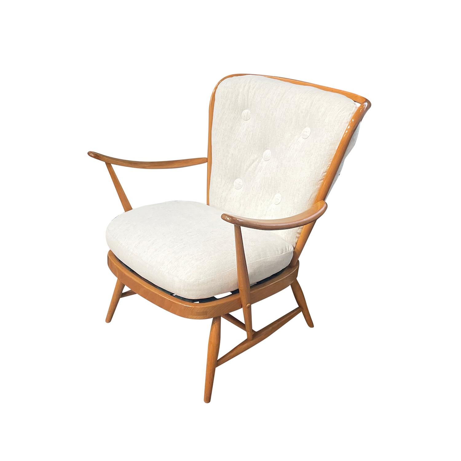 Fabric 20th Century English Modern Beechwood Armchair - Single Vintage Side Chair For Sale