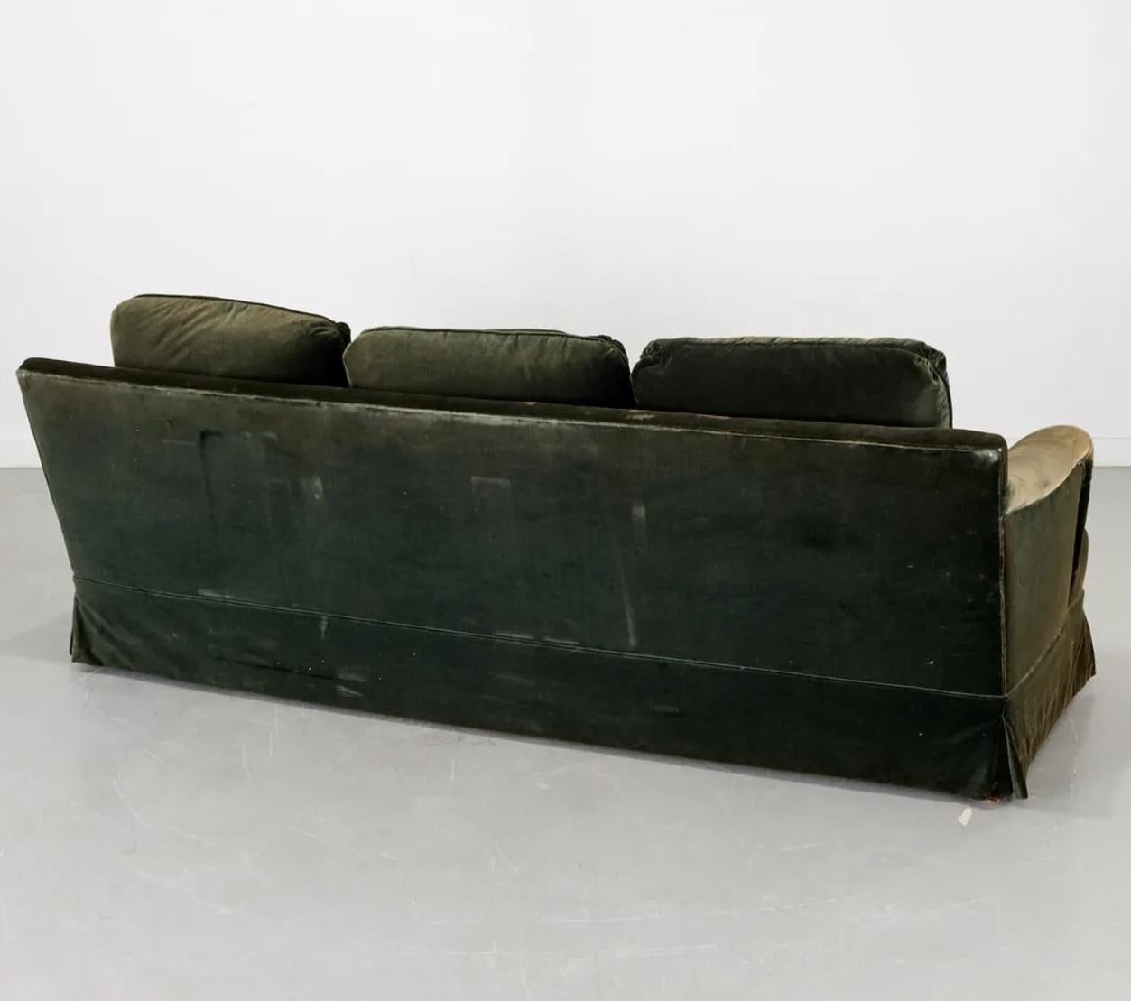 Modern 20th Century English Moss Green Velvet Upholstered 3-Seat Saddle Arm Sofa For Sale