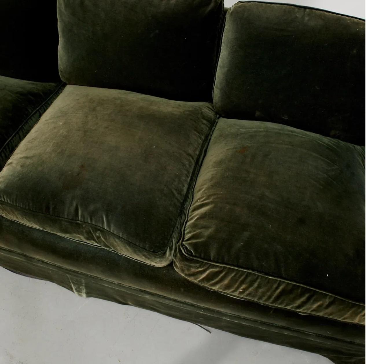Modern 20th Century English Moss Green Velvet Upholstered 3-Seat Saddle Arm Sofa For Sale