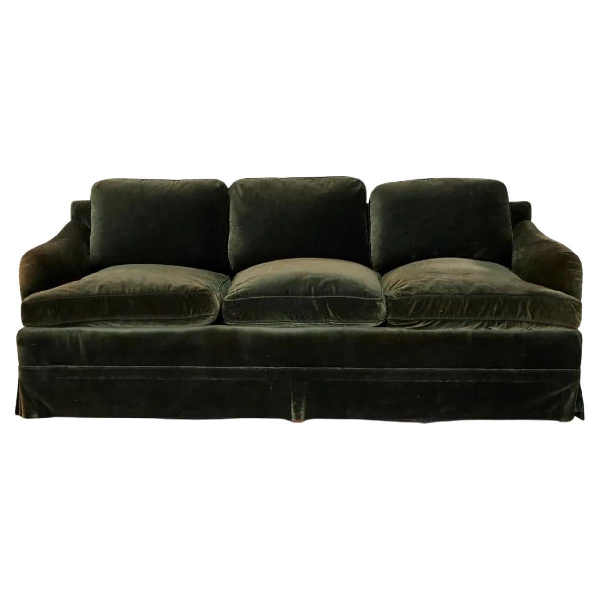 20th Century English Moss Green Velvet Upholstered 3-Seat Saddle Arm Sofa For Sale
