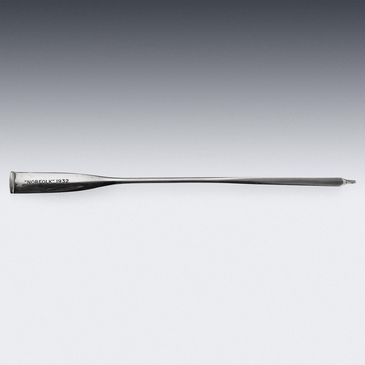 An English made H.M.S. NORFOLK. A Fine George V Silver 'Presentation Oar' Cocktail Stirrer. The other end is hallmarked English Silver (925 standard), Birmingham, year 1931 (G), Makers mark NA&AFI (Navy, Army & Air Force Institute).

CONDITION
In