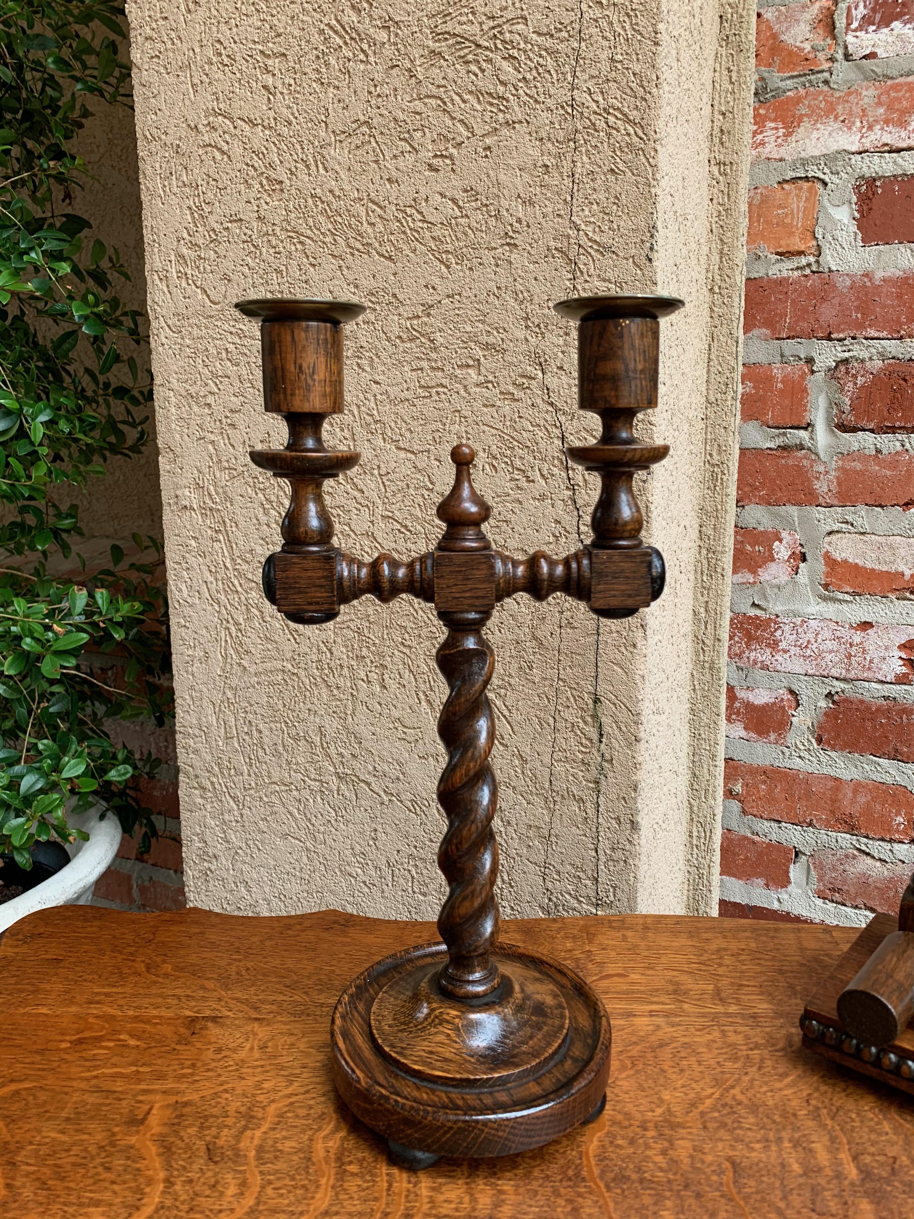 Direct from England, a lovely little piece of British charm, this vintage oak barley twist “candelabra” candleholder is perfect treasure for any barley twist aficionado!~
~Dual candleholders on one center barley twist post~
~English turned arms