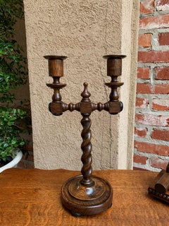 20th Century English Oak Barley Twist Candlestick Candelabra Dual Candleholder