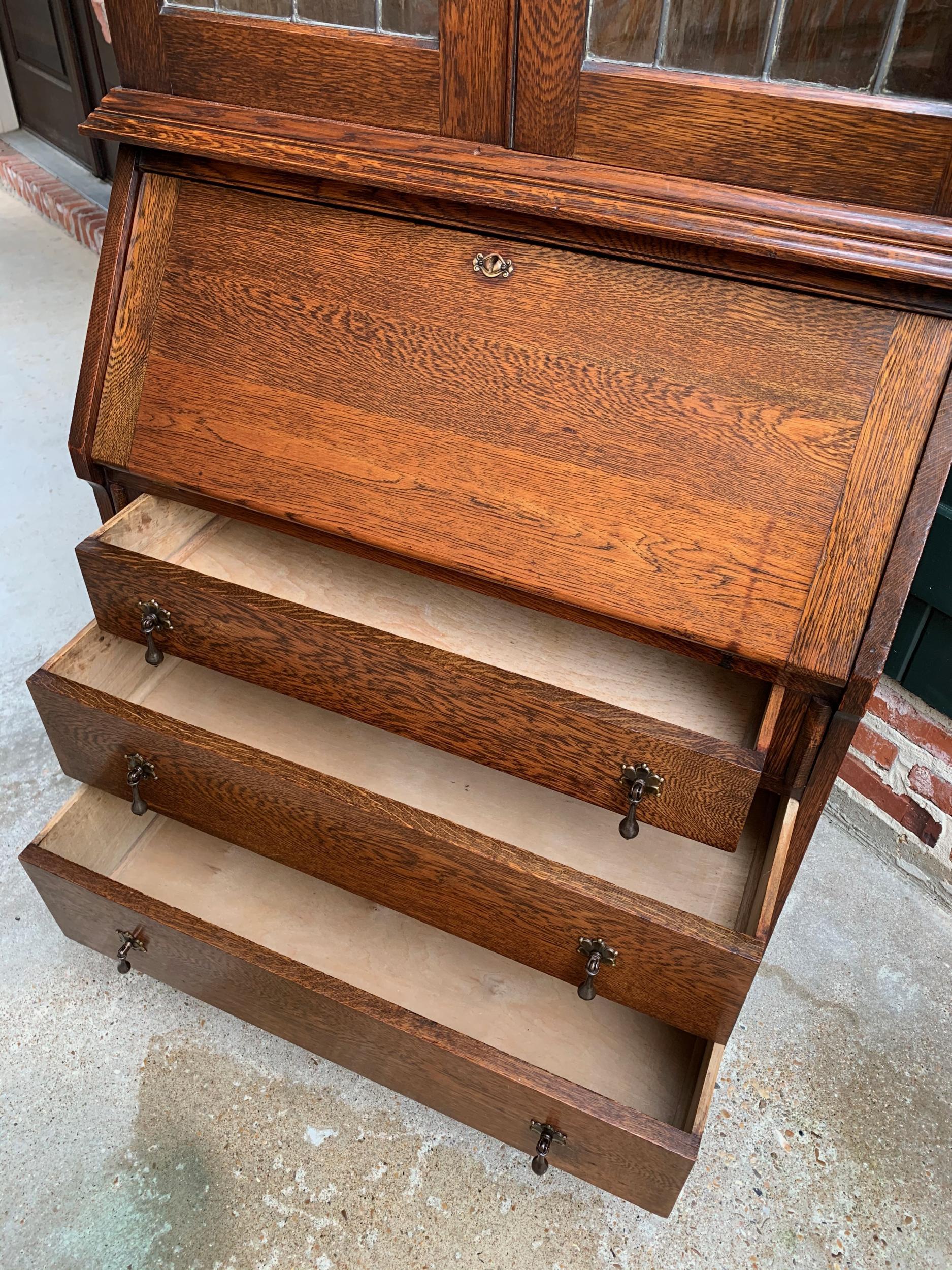 20th Century English Oak Desk Secretary Bureau Leaded Stained Glass Bookcase 10