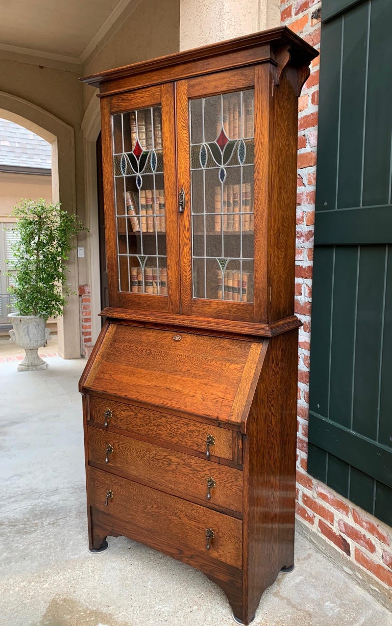 20th Century English Oak Desk Secretary Bureau Leaded Stained Glass ...