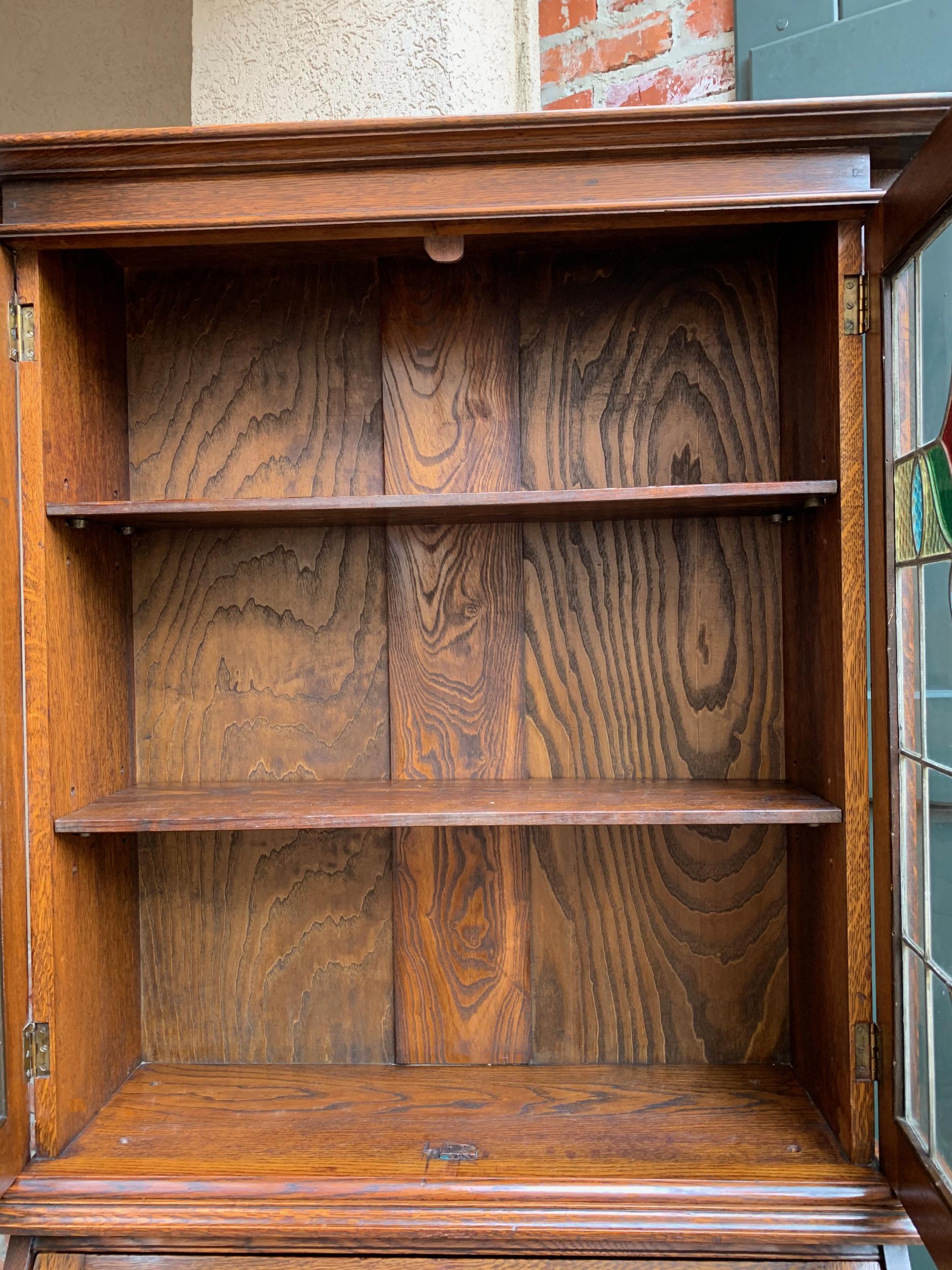 20th Century English Oak Desk Secretary Bureau Leaded Stained Glass Bookcase 11