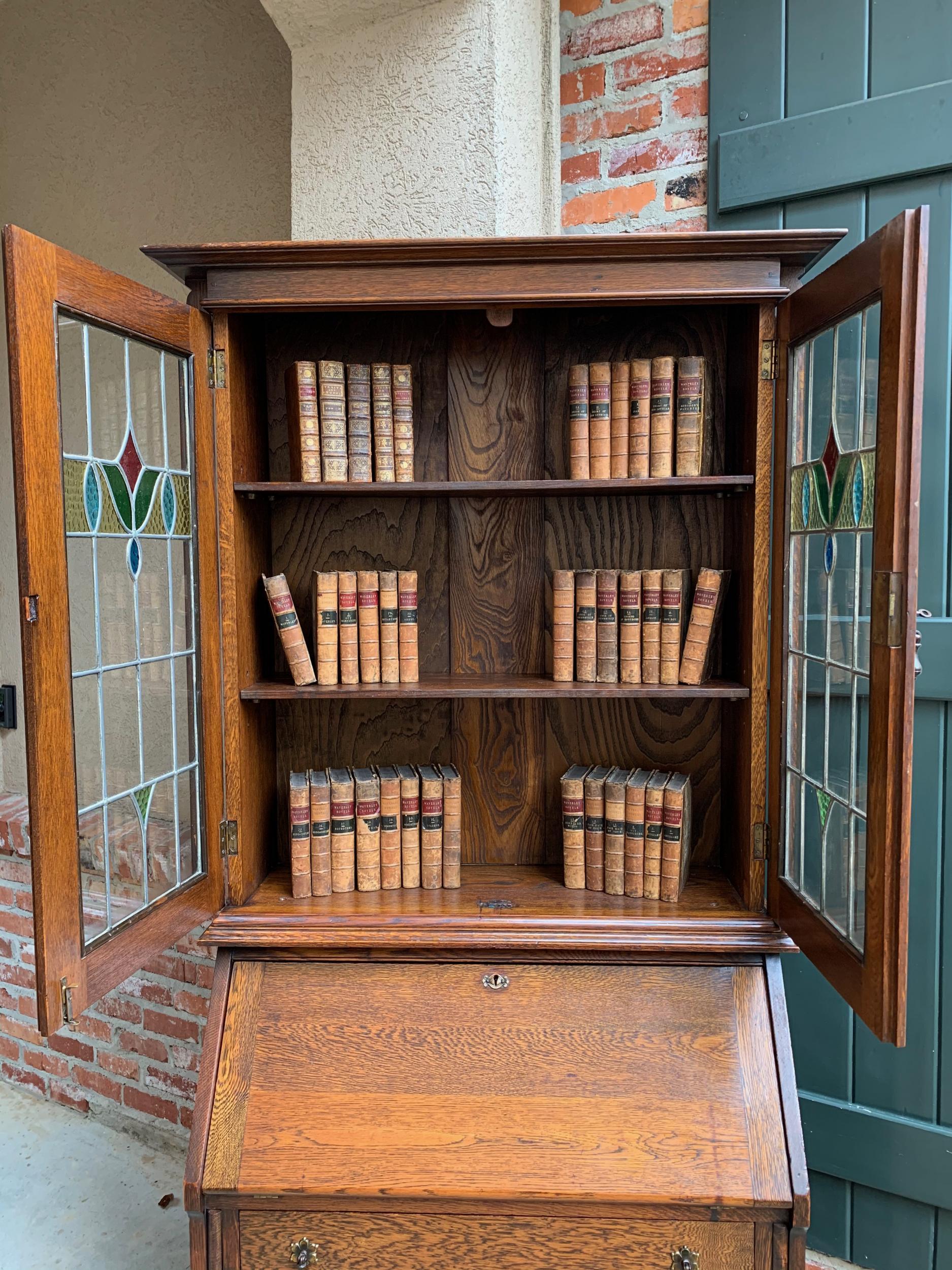British 20th Century English Oak Desk Secretary Bureau Leaded Stained Glass Bookcase