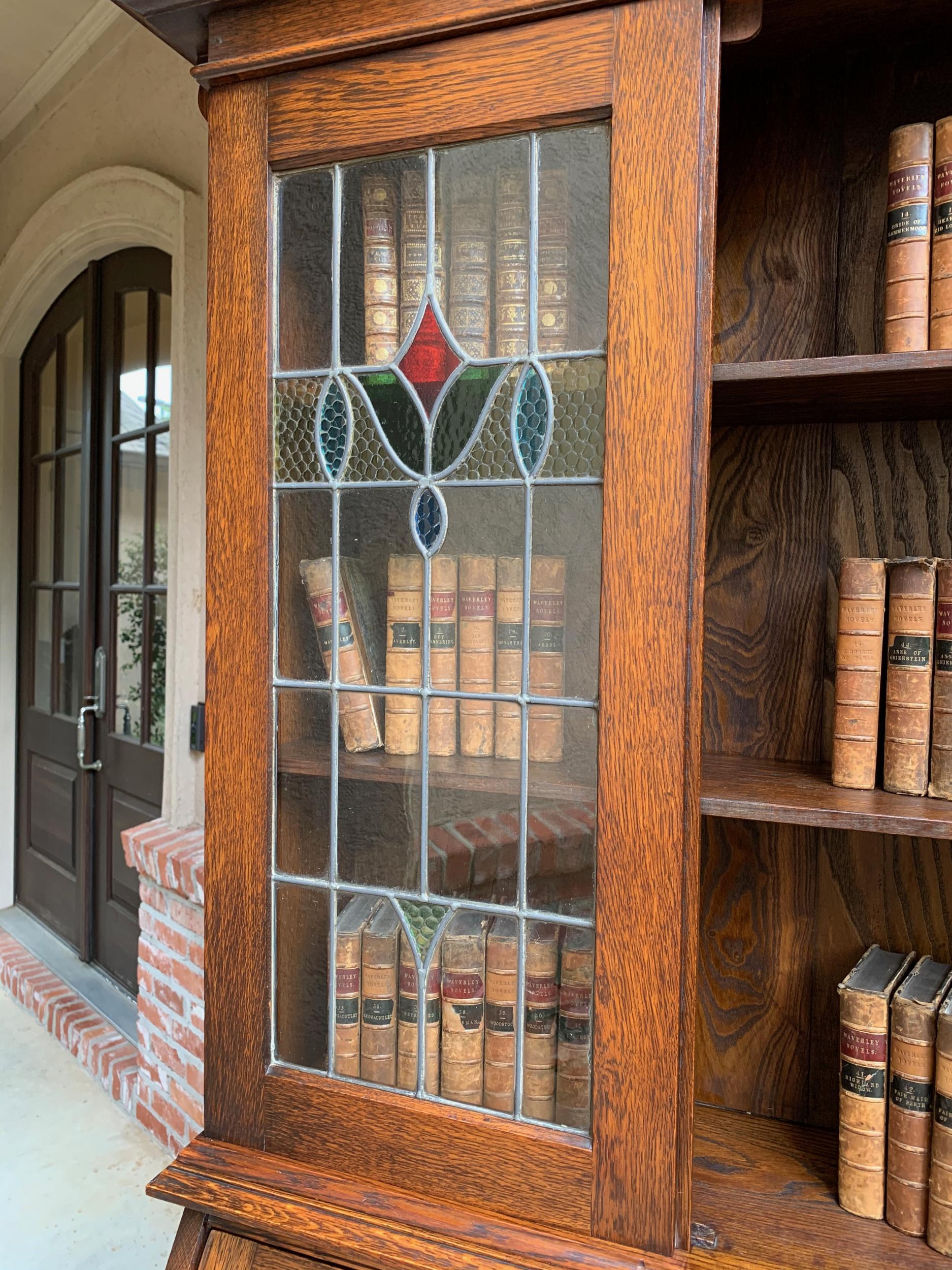 Hand-Crafted 20th Century English Oak Desk Secretary Bureau Leaded Stained Glass Bookcase