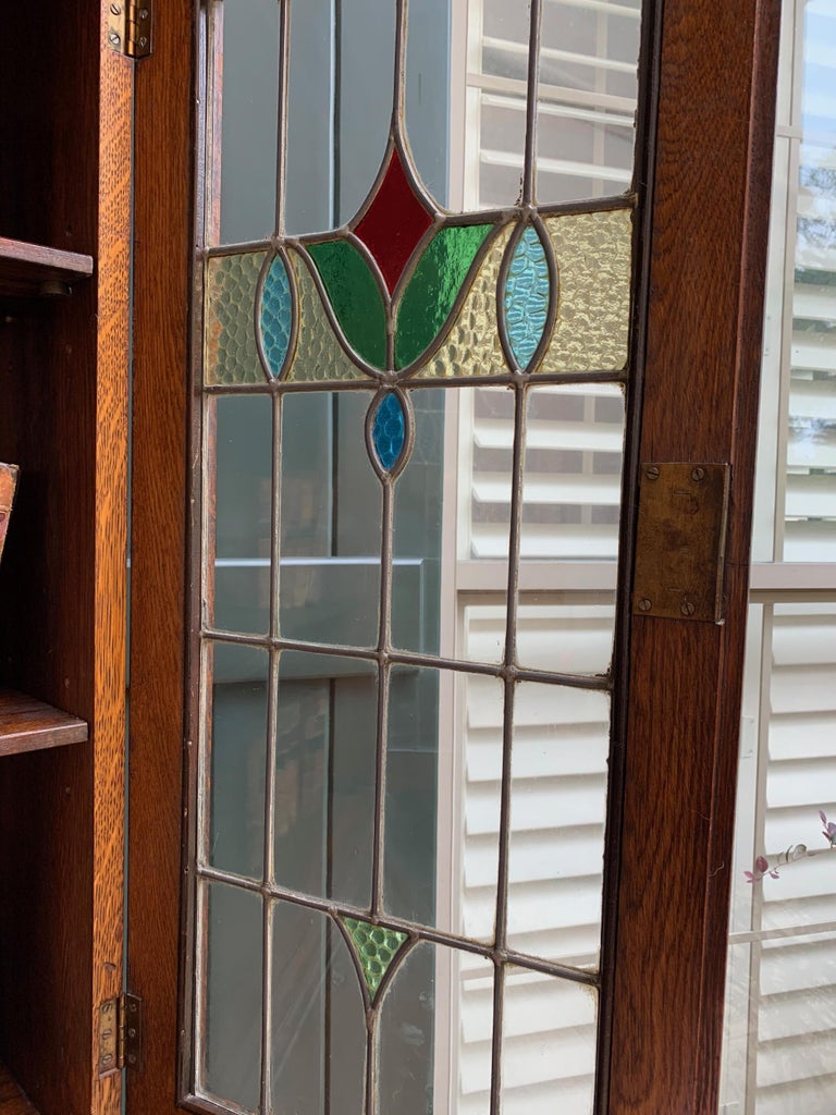 20th Century English Oak Desk Secretary Bureau Leaded Stained Glass