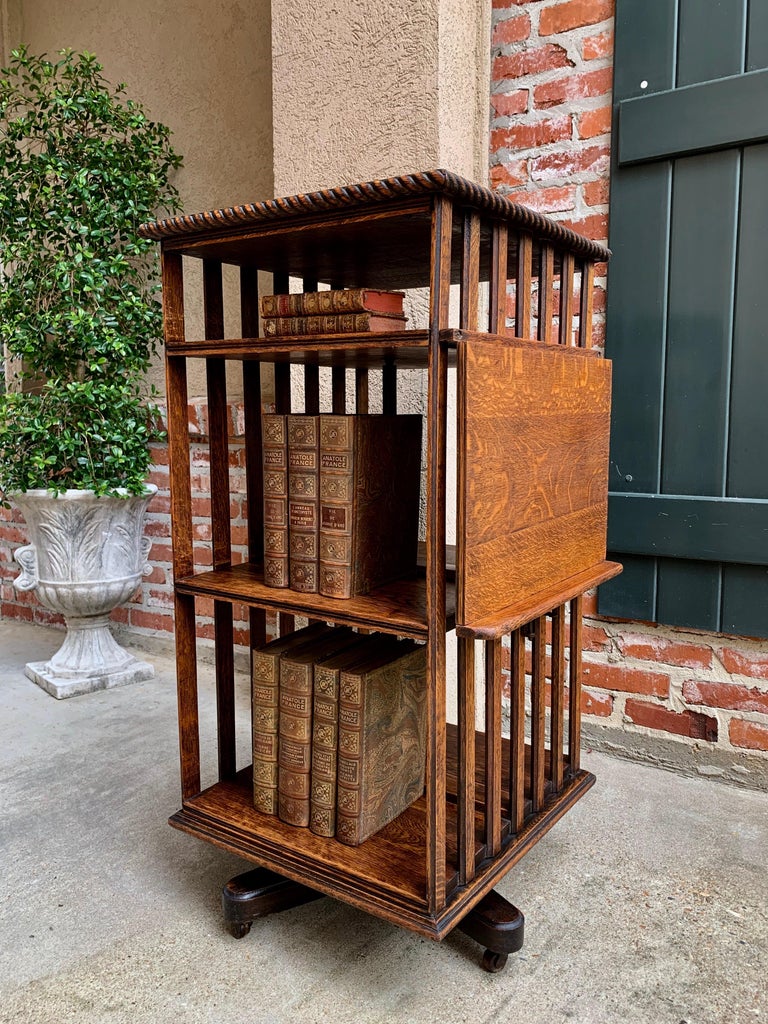 20th Century English Oak Revolving Rolling Bookcase Bookshelf Arts and