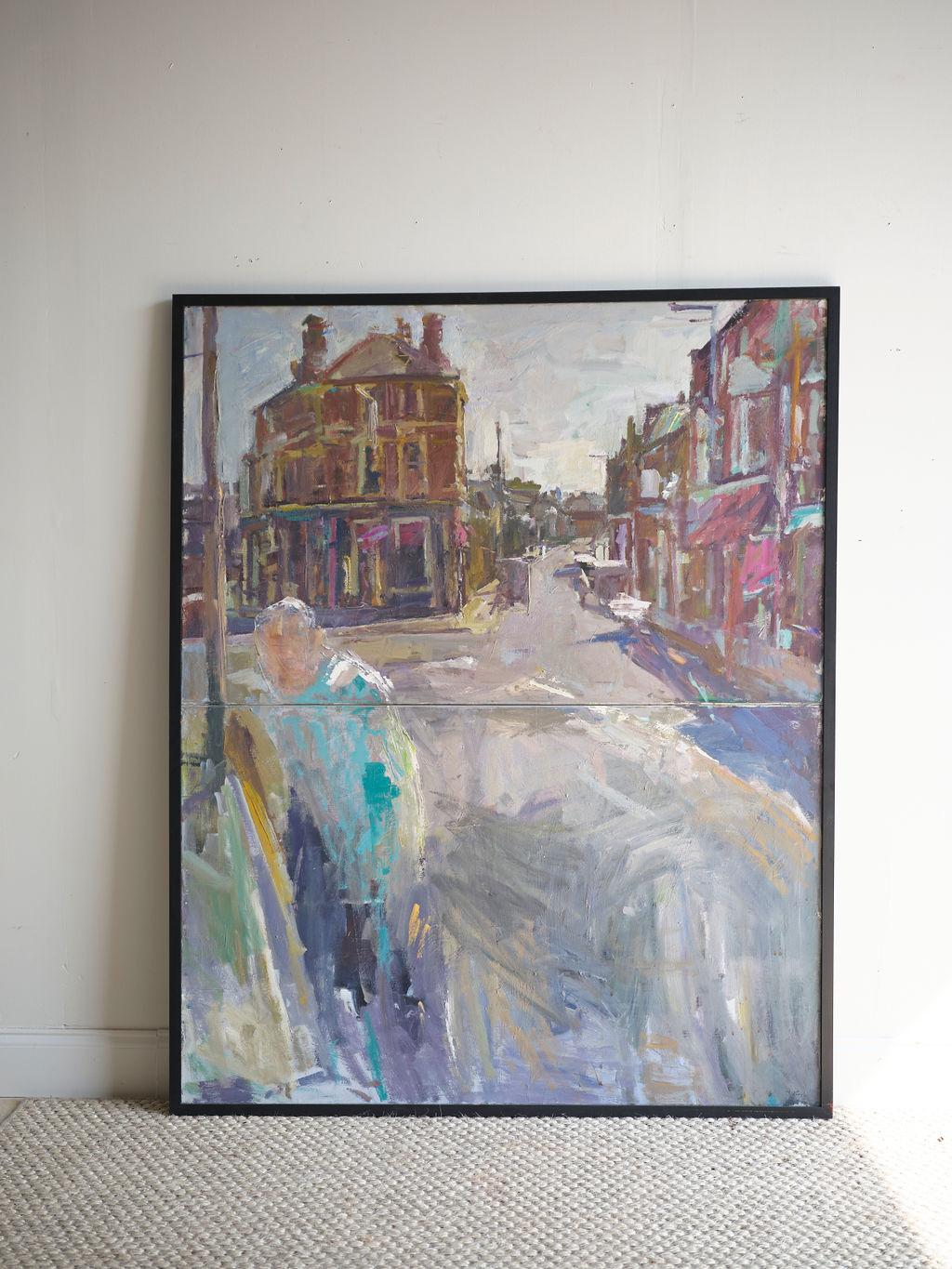 This large abstract oil painting by Andrew Vass was painted in 20th century England. It was painted on two canvases that have been stitched together and framed to make one large canvas. The focus of the painting is on St. Margarets in Twickenham,