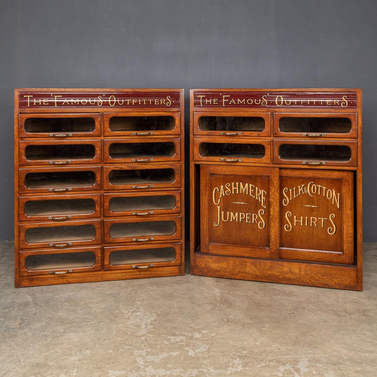 Antique 20th Century pair of English oak haberdashery cabinets one containing glass fronted doors and the other half drawers and half cupboard. Used in a small department store these adaptable pieces have original brass fittings and have been later
