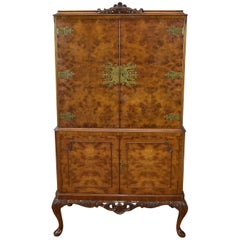 Vintage 20th Century English Queen Anne Style Burr Walnut Cocktail Cabinet