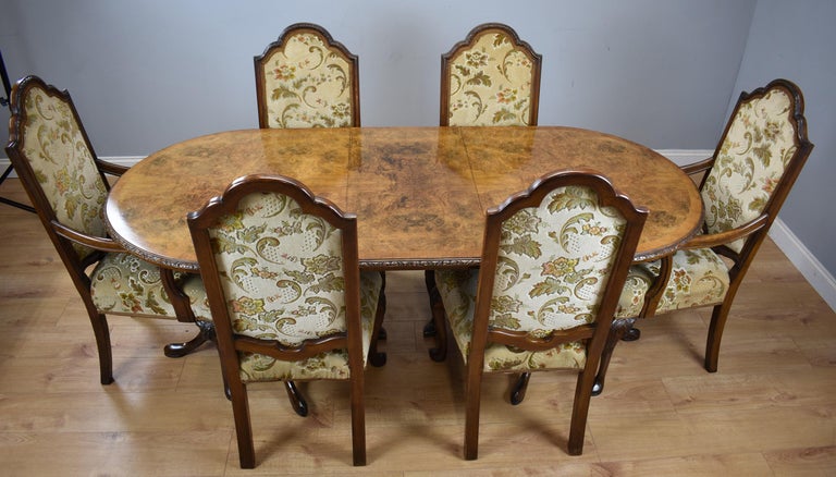 20th Century English Queen Anne Style Burr Walnut Dining Table And Chairs